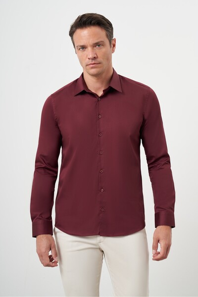 Morven Men's Burgundy Cotton Plain Pattern Hard Collar Slim Fit Shirt