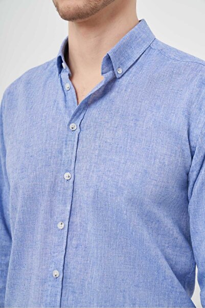 Morven Ανδρικό πουκάμισο με μονόχρωμο γιακά με μονόχρωμο λινό Navy Blue
