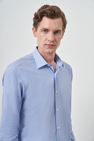 Morven Ανδρικό πουκάμισο A. BLUE Cotton Trend Slim Fit με σκληρό γιακά