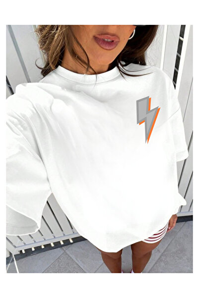 Tubinyoo تي شيرت صغير الحجم للجنسين بنمط البرق باللون الرمادي والبرتقالي