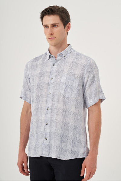 Morven Men's Navy Blue Linen Trend Regular Fit Button Collar Short Sleeve Shirt