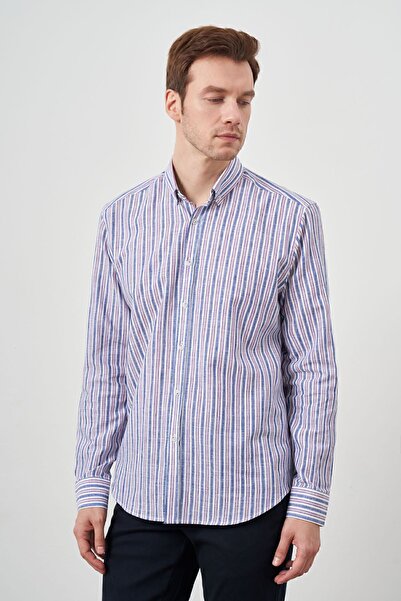 Morven Men's Burgundy Linen Paneled Buttoned Collar Regular Fit Shirt