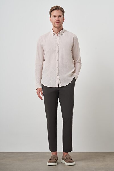 Morven Men's Beige Linen Trend Dynamic Fit Button Collar Shirt