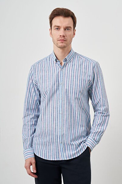 Morven Ανδρικό πουκάμισο με κανονική εφαρμογή με κουμπιά από λινό τιρκουάζ