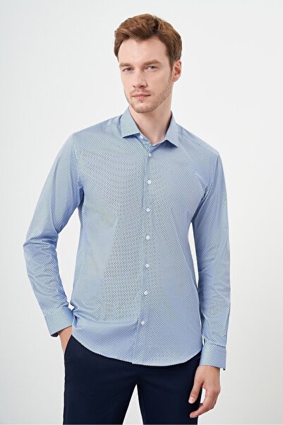 Morven Cămașă pentru bărbați, albastră, din bumbac, cu model, cu guler italian