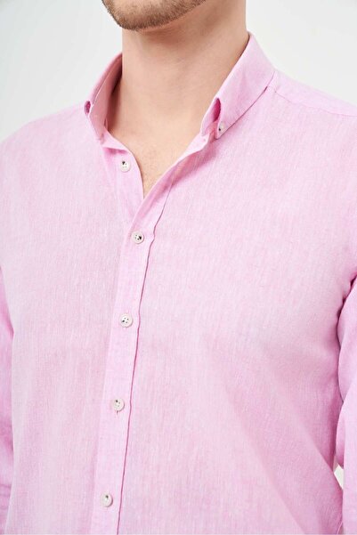 Morven Ανδρικό πουκάμισο με μονόχρωμο ροζ λινό γιακά με κουμπιά