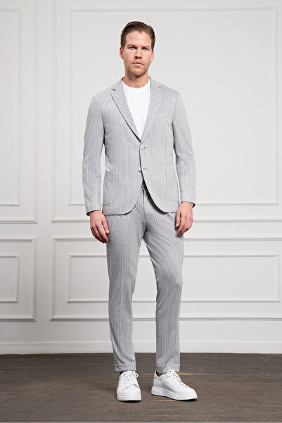 Morven Erkek Gri Poliviskon Trend Örme Çizgili Slim Fit Mono Yaka Takım Elbise