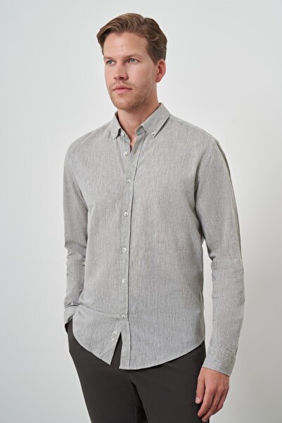 Morven Чоловіча сорочка з льону кольору зеленого каштана Trend Dynamic Fit з ґудзиковим коміром