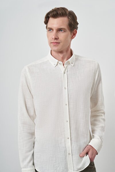 Morven Ανδρικό πουκάμισο με λεπτή εφαρμογή με κουμπιά με λευκό λινό