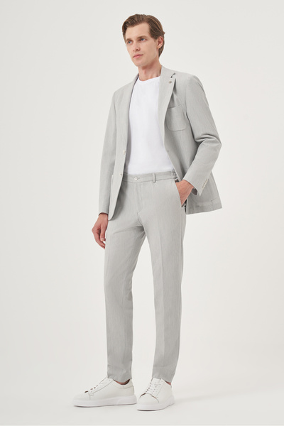 Morven Men's Gray Polyviscon Trend Striped Slim Fit Mono Collar Suit