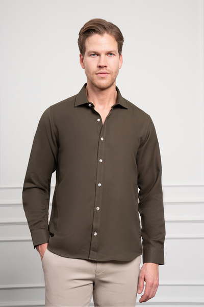 Morven Мъжка прилепнала тениска риза с италианска яка с тенденция каки