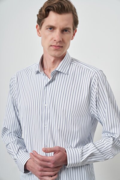 Morven Cămașă pentru bărbați A-White Trend cu dungi slim fit cu guler italian