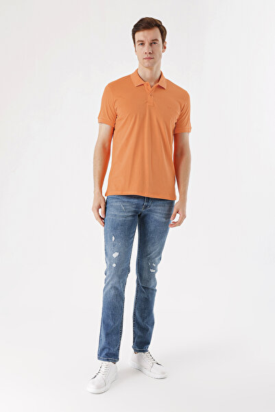 Morven Men's Orange Basic Plain 100% Cotton Slim Fit Slim Fit Short Sleeve Polo Neck T-Shirt