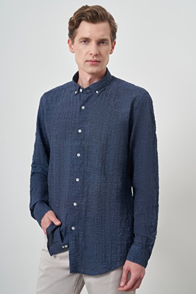 Morven Мъжка тъмносиня памучна риза с яка тип „Slim Fit“ и копчета