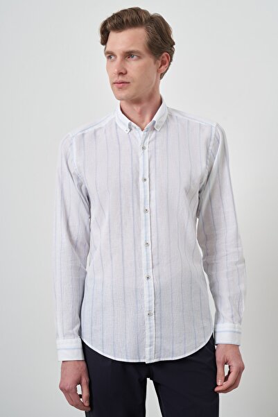 Morven Cămașă pentru bărbați A. BLUE din in, cu guler cu nasturi, cu potrivire dinamică