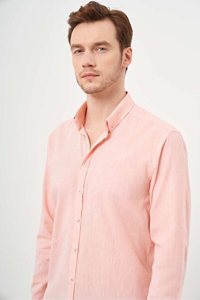 Morven Ανδρικό πορτοκαλί λινό πουκάμισο με μονόχρωμο γιακά με κουμπιά και λεπτή εφαρμογή