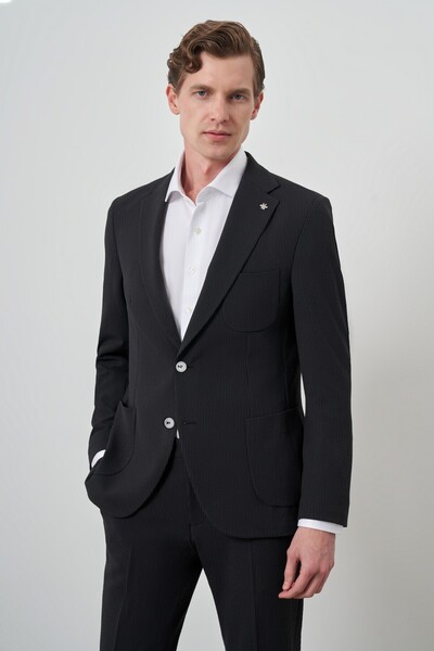 Morven Erkek Siyah Trend Çizgili Slim Fit Mono Yaka Takım Elbise