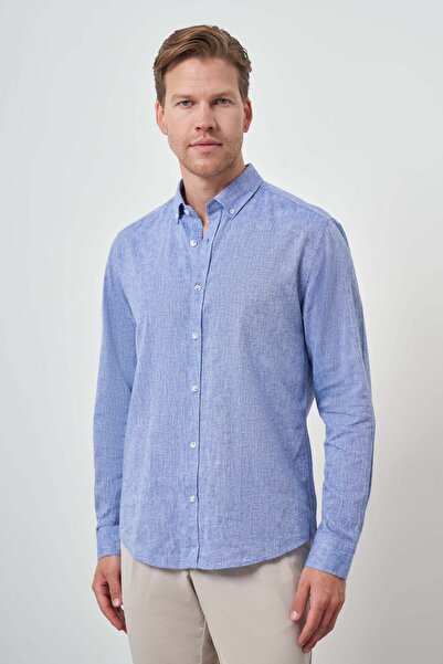 Morven Men's Blue Linen Trend Dynamic Fit Button Collar Shirt