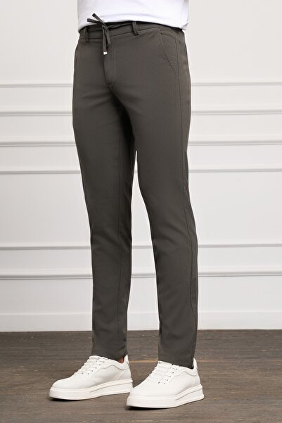 Morven Мъжки панталон джогър с връзки и странични джобове в цвят каки, ​​с прилепнала кройка