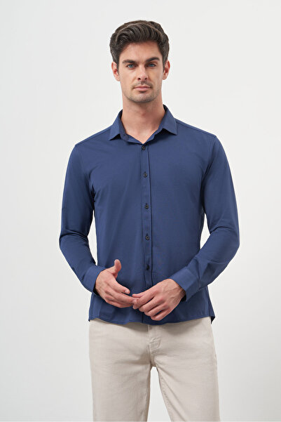 Morven Чоловіча сорочка темно-синя, облягаючого крою, з італійським коміром