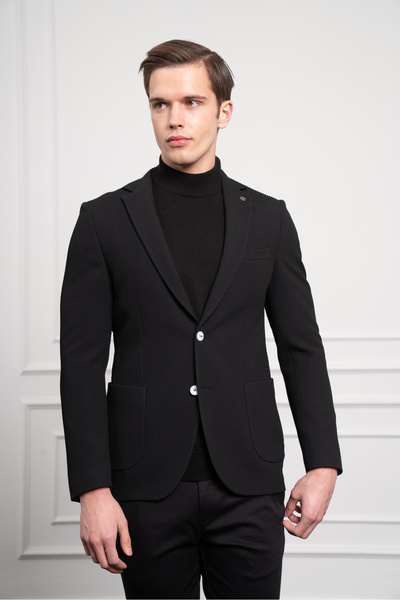 Morven Men's Black Polyviscon Woven Patterned Slim Fit Slim Fit Mono Collar Jacket