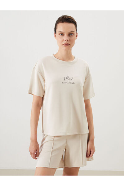 LC Waikiki Νέα σεζόν γυναικείο μπλουζάκι με στάμπα με λαιμόκοψη - S5PU45Z8