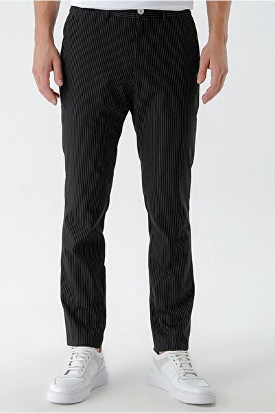 Morven Ανδρικό μαύρο παντελόνι Polyviscon Trend ριγέ Slim Fit Classic