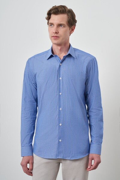 Morven Ανδρικό πουκάμισο με σταντ με μπλε βαμβακερή τάση Slim Fit