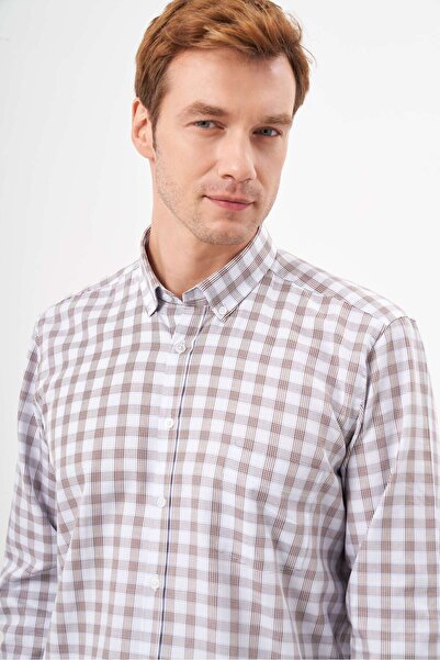 Morven Мъжка кафява памучна карирана риза с яка с копчета и стандартна кройка