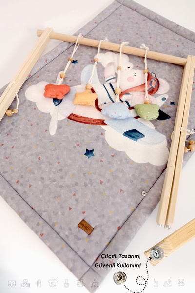 HAMUR Bebek Oyun Halısı Ahşap Oyun Matı Oyuncaklı Yenidoğan Aktivite Etkinlik Egzersiz Baby Gym Fly