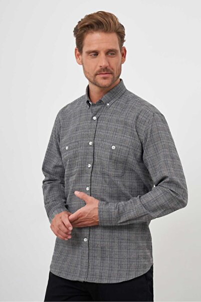Morven Мъжка сива модерна стандартна риза с карирана яка и яка с копчета
