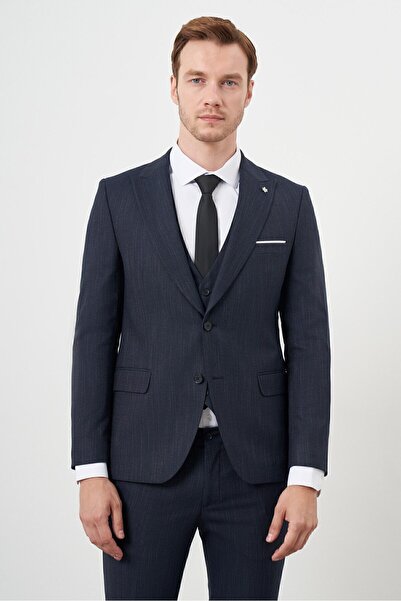 Morven Erkek Lacivert Poliviskon Trend Yelekli Desenli Slim Fit Sivri Yaka Takım Elbise