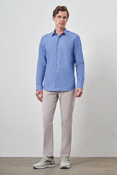 Morven Ανδρικό πουκάμισο με σταντ με μπλε βαμβακερή τάση Slim Fit