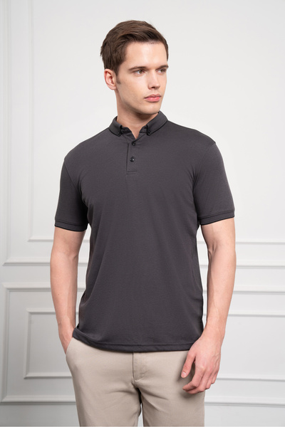 Morven Men's Black Trend Mercerized Plain Button Neck Dynamic Fit T-Shirt