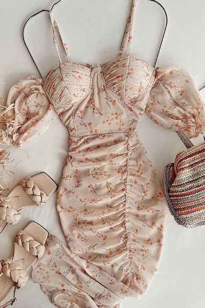 FASHION COCKTAIL Askılı Asimetrik Dizaltı Yırtmaçlı Şifon Yazlık Kır Düğünü Nişan Söz Elbise Ten