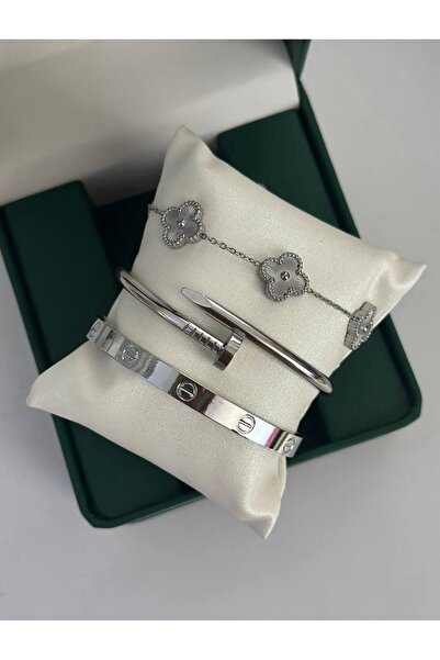 Perry Accesories kararmaz çelik GÜMÜŞ yonca bileklik ve kararmaz çelik kelepç...