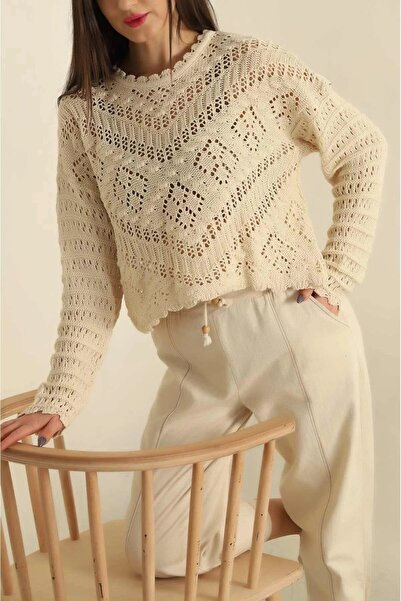 MODASPARK Taş Rengi Kabartma Desenli Dantelli Ajurlu Mevsimlik Kadın Triko Kazak