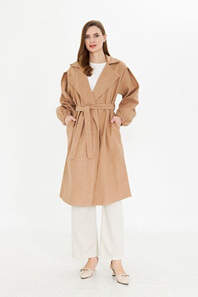 Oyga Γυναικείο παλτό με μπεζ μανίκι με ζώνη χωρίς επένδυση