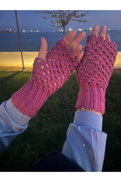 GÖKÇEBUTİKS قفازات موديل مسطح محبوكة يدويًا باللون الفوشيا