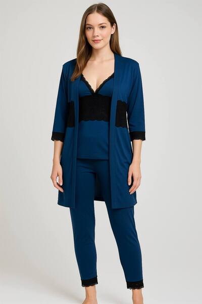 Fenne Γυναικείο Σετ Πιτζάμες Πρωινό Φόρεμα 3 τεμαχίων με λεπτομέρεια από δαντέλα σε μπλε ναυτικό