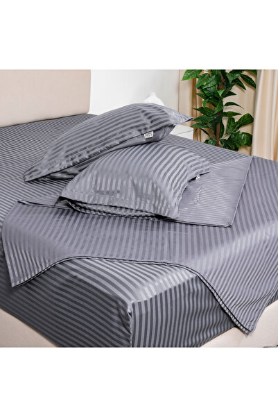 Bed N Home SA Satin Fitted Sheet Set, Striped, 1 cm, Grey, 100% Egyptian Cotton, 350 Thread Count, 2 Pillowcases, 100*200 cm