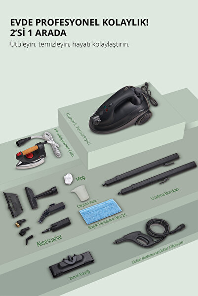 Kiwi Kazanlı Ütüye Dönüşebilen Buharlı Temizleyici, Ksc 4218, 2000W / ml, 15 aksesuar