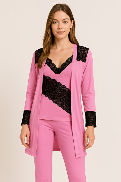 Fenne Γυναικείο Σετ Πιτζάμες Φόρεμα Πρωινού με Λεπτομέρεια Δαντέλας Ροζ 3 τεμαχίων