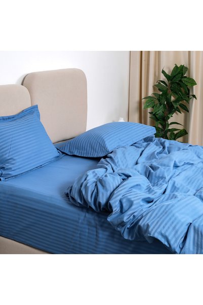 Bed N Home SA طقم كيس لحاف، 100% قطن مصري, كثافة خيوط 350، ساتان، مقلم, 1 سم، ازرق، 2كيس وساده، 180×220سم