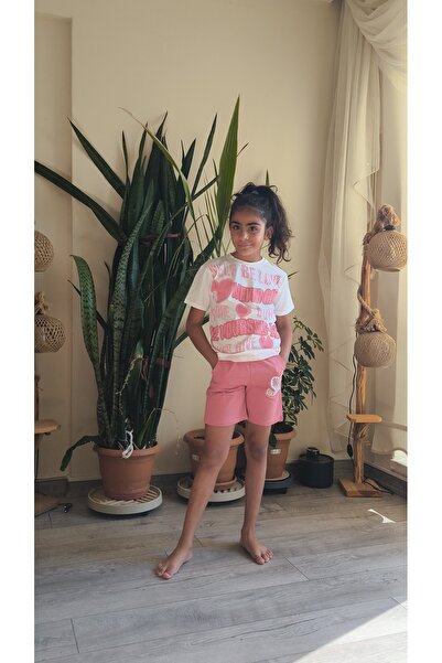 Birdirbir Set pantaloni scurți pentru fete Self Be Love Alb Roz