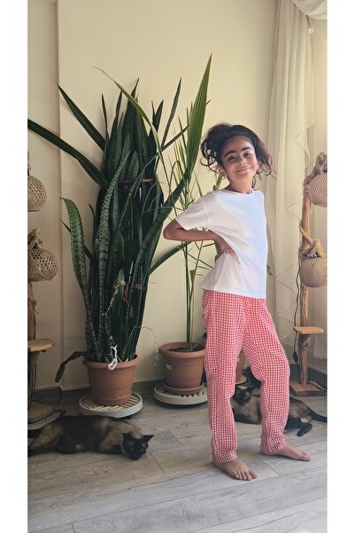 Birdirbir Girls' T-Shirt Set with Pants White T-Shirt with Gingham Pants Red, Black, Yellow