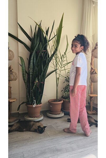 Birdirbir Girls' T-Shirt Set with Pants White T-Shirt with Gingham Pants Red, Black, Yellow