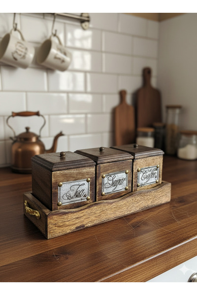 DNC Art&Deco Name: Antique Tea, Coffee and Sugar Set with Handmade Wooden Tray - Add Elegance to Your Kitchens