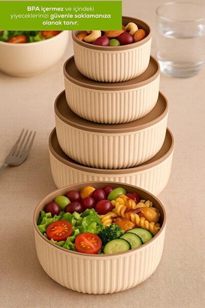 ZenGlow Set of 4 Round Storage Containers Striped Beige | 2.5L 1.5L 0.80L 0.45L | Microwave and Freezer Compatible