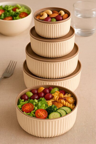 ZenGlow Set of 4 Round Storage Containers Striped Beige | 2.5L 1.5L 0.80L 0.45L | Microwave and Freezer Compatible